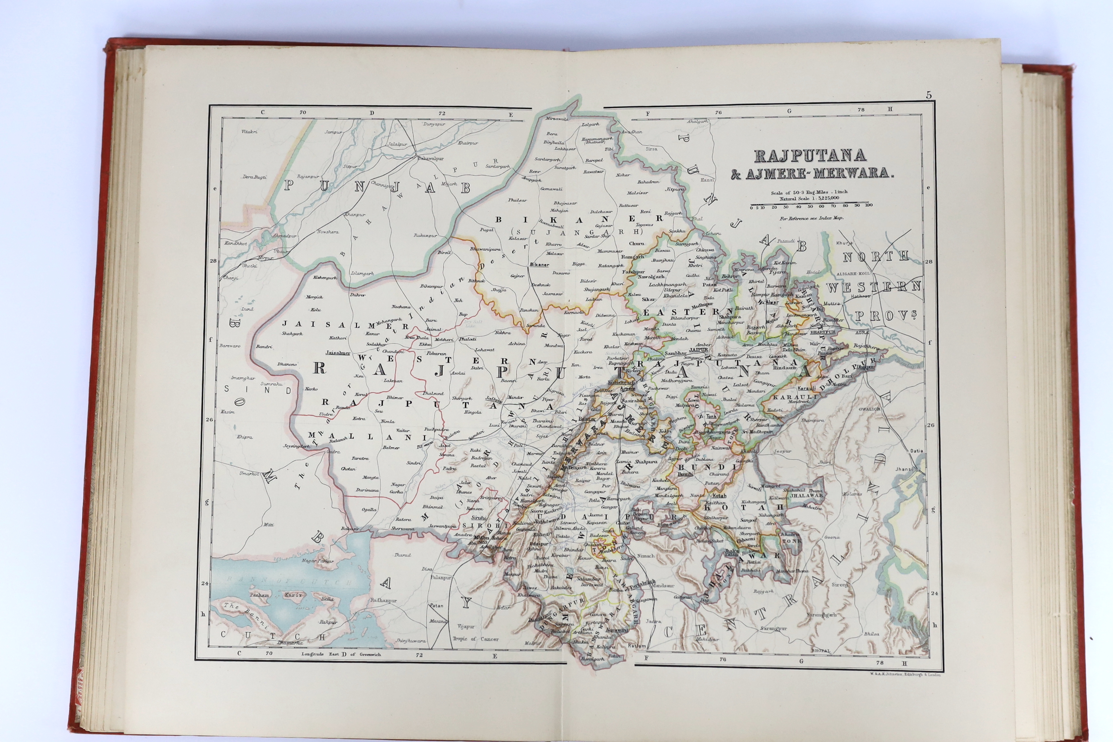 Atlas of India ... With an Introduction by Sir W.W. Hunter. d-page coloured index map and 15 d-page coloured others; publisher's gilt, colour and blind decorated cloth, patterned e/ps., 4to. W & A.K. Johnstone, 1894